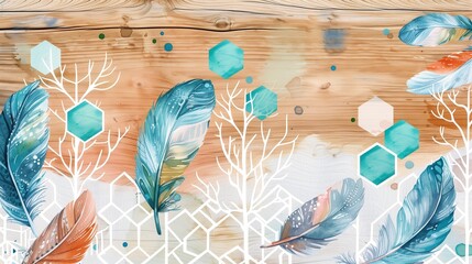 Wall Mural - Oak and white lattice mural with watercolor feathers, a tree motif, and vibrant hexagons.