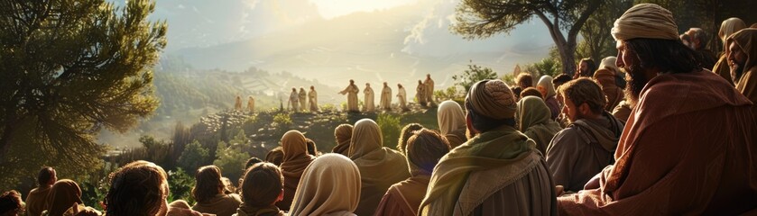 Jesus speaking truths from a mount, his followers listening intently in a lush, 3D environment