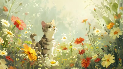 Wall Mural - Adorable Cat Exploring Blooming Meadow of Vibrant Daisies and Butterflies in Peaceful Natural Landscape