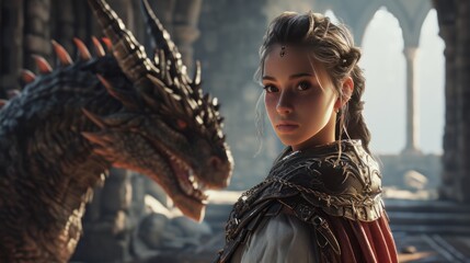 Wall Mural - Close-up view of a graceful lady with her dragon.