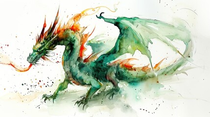 Wall Mural - Watercolor drawing of dragon over white background.