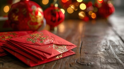 Wall Mural - Close-up view of red envelope, or red pack, Hongbao, on table during Chinese lunar new year celebration.