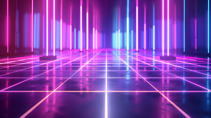 Wall Mural - Futuristic neon tech grid technology background.
