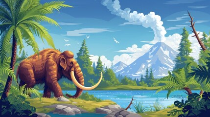 Wall Mural - Vector illustration of mammoth in prehistoric enviroment.