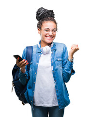 Poster - Young braided hair african american student girl using smartphone over isolated background screaming proud and celebrating victory and success very excited, cheering emotion