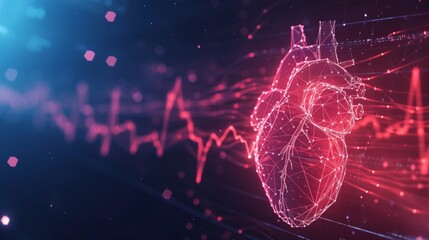 Glowing hologram of human heart organ 3D structure with dark background.