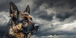 Dramatic portrait of German Shepherd standing tall against a stormy sky