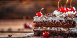 Close-up of a luscious German Black Forest cake, featuring layers of chocolate sponge cake, cherries, and whipped cream