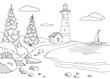 Lighthouse sea coast graphic black white landscape sketch illustration vector 