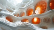The Image Is A Close-up Of A White, Organic, Alien-like Structure With A Series Of Glowing Orange Cavities.