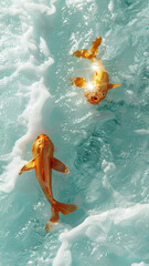 Wall Mural - Surreal, there are two golden fish made of foil on the sparkling white water, beautiful curves,