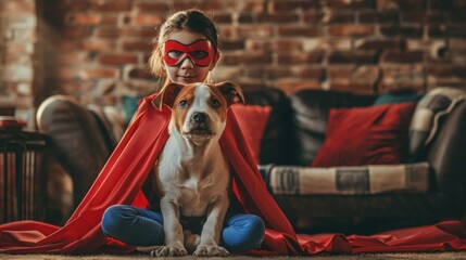 Wall Mural - A little kid playing superhero game with a dog with costume at home