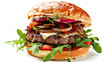 Gourmet burger with Angus beef patty, caramelized onions, arugula, brie cheese, and truffle aioli, on a white background