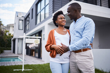 Sticker - Outdoor, happy and black couple with new home, hug and achievement with mortgage loan approval, real estate and excited. House, man and pregnant woman with smile, embrace and investment with property