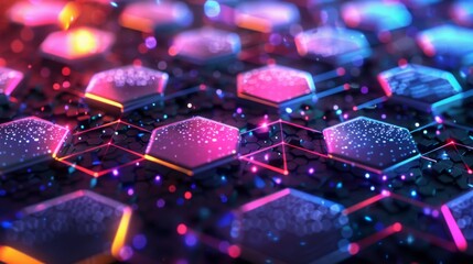 Aufkleber - A vibrant array of interconnected hexagonal nodes with neon colors representing a digital network.
