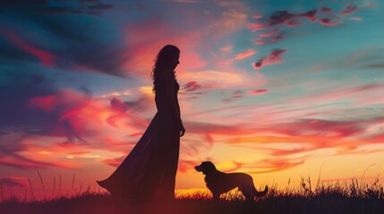 Wall Mural - Sunset dusk silhouette of dog and a beautiful female with family in outdoor park