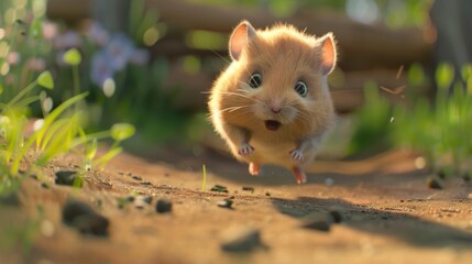 Wall Mural - Cute running hamster in outdoor forest. 3D vector illustration.