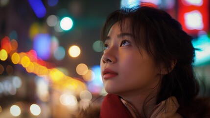 Wall Mural - Young Asian woman standing on a city street with glowing lights in the background, AI-generated.