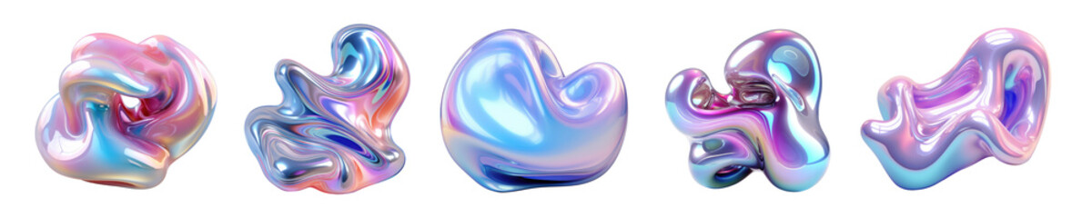 PNG set of shiny liquid 3d form in the style of holographic colors, abstract fluid flowing composition, gradient iridescent texture