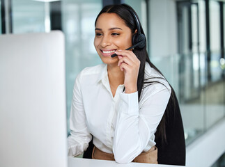 Aufkleber - Phone call, callcenter and woman with computer, headset and consultant in customer service agency. Lead generation, sales and happy virtual assistant at help desk with telemarketing advisor at office
