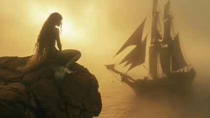 Wall Mural - Beautiful mysterious mermaid sitting on a rock in sea at sunrise with a vintage sailing ship.