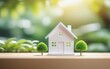 © MR.DEEN - White house and trees model on table in blur outdoor garden background, Real estate, Investment