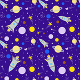 Fototapeta Pokój dzieciecy - Vector seamless pattern,  solar system planets with cute kids spaceship.
