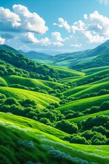 Wall Mural - A green field with white clouds and grass.