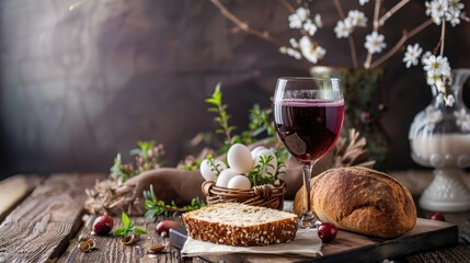 Wall Mural - Still life depicting Easter Communion featuring a chalice brimming with wine and freshly baked bread