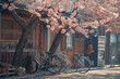 © AI ARTS - A father and daughter's bicycles parked next to a blooming cherry blossom tree.
