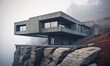 modern house on a rocky cliff in fog.