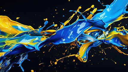 Wall Mural - abstract thick blue and yellow paint splash like waves on black background