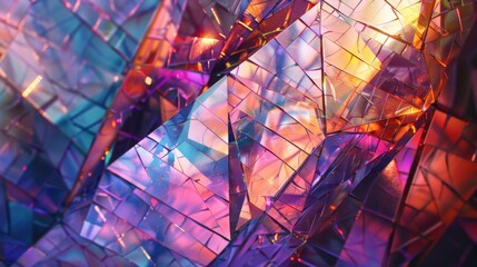 Leinwandbilder - Multicolored lights dance across a geometric patterned surface created by the interplay of shattered glass and light.