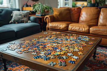 Wall Mural - A father-daughter puzzle spread across a living room coffee table, half-assembled. Pieces of varying colors and shapes are scattered around, with a few pieces placed together.