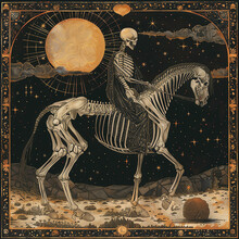 A Skeletal Figure Rides A Skeletal Horse Through A Starry Night
