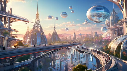 The city of the future with flying cars and airships.