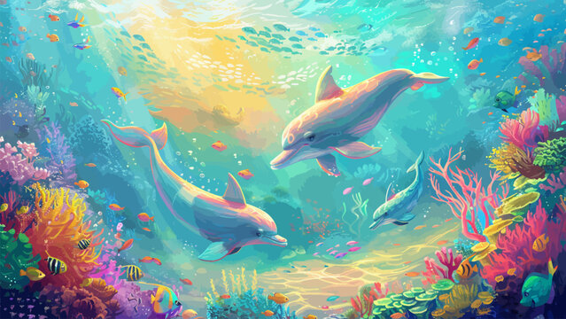 Dolphins playing Under the sea for children book illustration or book cover template with beautiful scenery 