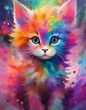 © AlmerGungor - colorful cute kitten with fluffy fur painted in vibrant colors looks like fell fallen into paint painting in blue purple pink yellow orange