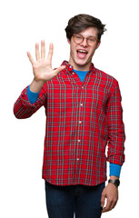 Sticker - Young handsome man wearing glasses over isolated background showing and pointing up with fingers number five while smiling confident and happy.