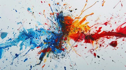 Aufkleber - Abstract painting featuring vibrant multicolored paint splattered onto a clean white canvas.
