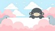 © Rudsaphon - Cute Cartoon Monkey Peeking Out from Clouds in Pastel Landscape
