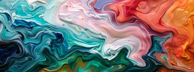 Poster - Swirling colors of acrylic paint blend seamlessly creating a mesmerizing abstract art piece.