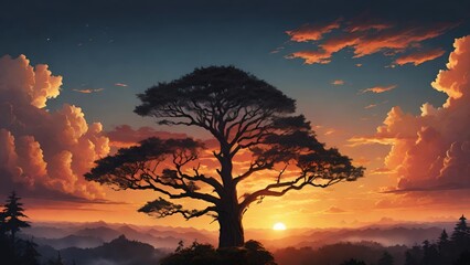 Wall Mural - illustration of a sunset in backlight, natural panorama