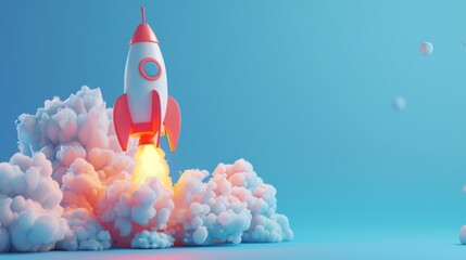 Poster - Rocket start elements, cute planets, spaceship launch in realistic fire cloud, creative technology isolated render object. Startup business idea, adventure shuttle. Modern illustration.