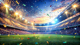 Football stadium background with flying confetti