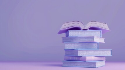 Aufkleber - The closed book stack has an open one in the middle on the pastel purple background. Book pile with empty space for text. Inspired by textbooks and education concept. Realistic 3D modern