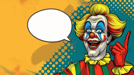 Pop art concept. Pop art clown with open smile and hand pointing on empty speech bubble. Colorful background in pop art retro comic style.