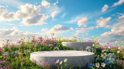 Leinwandbilder - An abstract 3D render of a spring scene with a white podium and colorful flowers on the grass field, a backdrop with blue skies and clouds for advertisements, mockups, exhibits, or any other use.