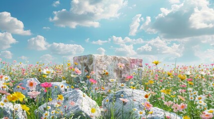 Poster - An abstract 3D render of a spring scene and natural background. Stone podium on flowers and grass fields, with blue sky and clouds behind it for product display, advertising, mockups, etc.