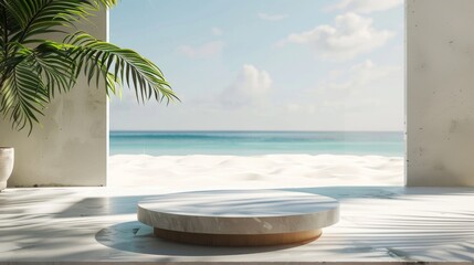 Poster - Render of 3D summer background with a minimalist podium or pedestal platform for showing products, cosmetic scene for mockup, and beach swim elements.